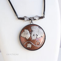 Wabi Sabi, The Philosophical Beauty of Japan, Leaf motif Copper and Oxidized Silver Circle Pendant Necklace