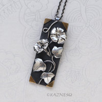 Morning glory Rectangle Art Pendant of Oxidized Silver and Fine Gold Foil