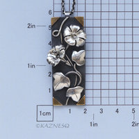 Morning glory Rectangle Art Pendant of Oxidized Silver and Fine Gold Foil