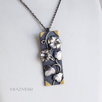 Morning glory Rectangle Art Pendant of Oxidized Silver and Fine Gold Foil