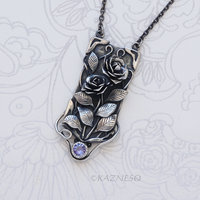 Detailed Beauty of the Wild Rose, Oxidized Silver Tanzanite Pendant Necklace