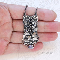 Detailed Beauty of the Wild Rose, Oxidized Silver Tanzanite Pendant Necklace