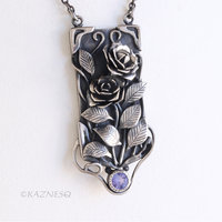 Detailed Beauty of the Wild Rose, Oxidized Silver Tanzanite Pendant Necklace