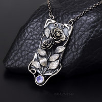 Detailed Beauty of the Wild Rose, Oxidized Silver Tanzanite Pendant Necklace