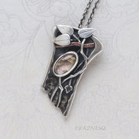 Artistic Silver Leaf Pendant, Rutilated Quartz with Mother of Pearl Botanical Design