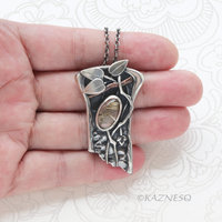 Artistic Silver Leaf Pendant, Rutilated Quartz with Mother of Pearl Botanical Design