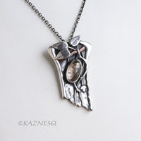 Artistic Silver Leaf Pendant, Rutilated Quartz with Mother of Pearl Botanical Design