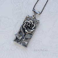 Sculptural Oxidized Silver Rose Pendant -  Rectangular Frame Statement Necklace