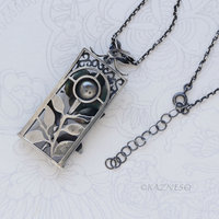 Sculptural Oxidized Silver Rose Pendant -  Rectangular Frame Statement Necklace