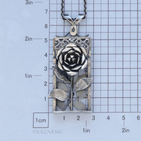 Sculptural Oxidized Silver Rose Pendant -  Rectangular Frame Statement Necklace