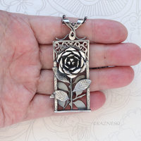 Sculptural Oxidized Silver Rose Pendant -  Rectangular Frame Statement Necklace