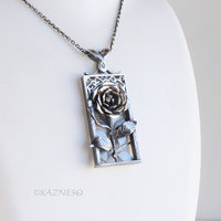 Sculptural Oxidized Silver Rose Pendant -  Rectangular Frame Statement Necklace