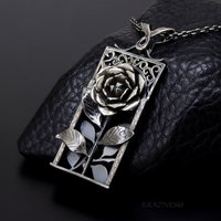 Sculptural Oxidized Silver Rose Pendant -  Rectangular Frame Statement Necklace
