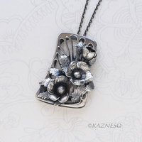 Art Nouveau Oxidized Silver Poppy Necklace - Hand-Fabricated Botanical Statement Pendant