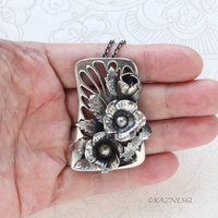Art Nouveau Oxidized Silver Poppy Necklace - Hand-Fabricated Botanical Statement Pendant