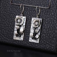 Sterling Silver Art Nouveau Poppy Earrings - Oxidized Floral Dangle Earrings with Leverback Hooks