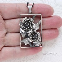 Dimensional Peony Flower Pendant - Oxidized Sterling Silver
