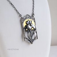 Art Nouveau Silver Iris Pendant - Handcrafted Oxidized Silver Flower with Gold Moon - Botanical Necklace