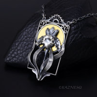 Art Nouveau Silver Iris Pendant - Handcrafted Oxidized Silver Flower with Gold Moon - Botanical Necklace