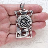 Handcrafted Art Nouveau Peony Pendant - Oxidized Sterling Silver Floral Necklace