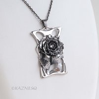 Handcrafted Art Nouveau Peony Pendant - Oxidized Sterling Silver Floral Necklace