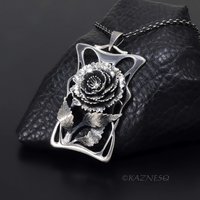 Handcrafted Art Nouveau Peony Pendant - Oxidized Sterling Silver Floral Necklace