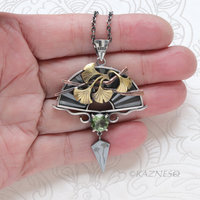 Japanese Garden Inspired Pendant - Oxidized Silver, Brass Ginkgo & Tourmaline Peridot
