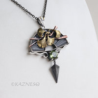 Japanese Garden Inspired Pendant - Oxidized Silver, Brass Ginkgo & Tourmaline Peridot