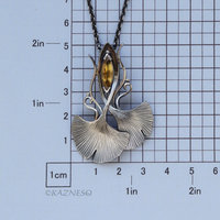 Art Nouveau style Oxidized Silver Ginkgo Pendant with Natural Sphene