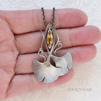 Art Nouveau style Oxidized Silver Ginkgo Pendant with Natural Sphene