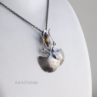 Art Nouveau style Oxidized Silver Ginkgo Pendant with Natural Sphene