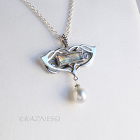 Vintage-Style Art Nouveau Silver Necklace with Rutilated Quartz and Baroque Pearl drop 