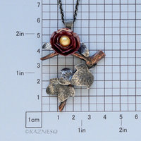 Japanese Camellia Pendant with Wild Ivy - Hido Red Copper and Golden Akoya Pearl
