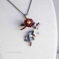 Japanese Camellia Pendant with Wild Ivy - Hido Red Copper and Golden Akoya Pearl