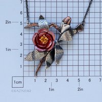 Japanese Red Camellia Pendant - Oxidized Silver & Red Copper with Golden Citrine