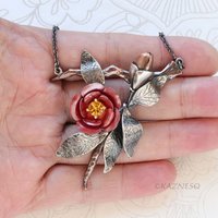 Japanese Red Camellia Pendant - Oxidized Silver & Red Copper with Golden Citrine
