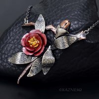 Japanese Red Camellia Pendant - Oxidized Silver & Red Copper with Golden Citrine
