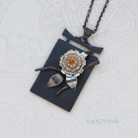 Sculptural White Camellia with Citrine, Oxidized and Matte White Silver Pendant Necklace