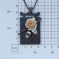 Sculptural White Camellia with Citrine, Oxidized and Matte White Silver Pendant Necklace