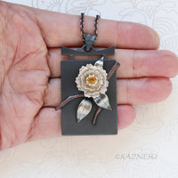 Sculptural White Camellia with Citrine, Oxidized and Matte White Silver Pendant Necklace