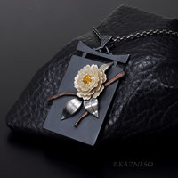 Sculptural White Camellia with Citrine, Oxidized and Matte White Silver Pendant Necklace