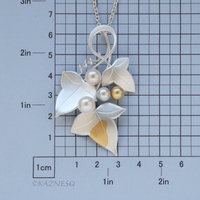 Handcrafted Grape Leaf Pendant - Matte Silver with Keum Boo and Colorful Akoya Pearls