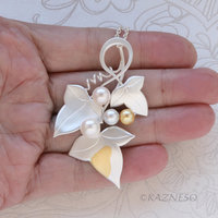 Handcrafted Grape Leaf Pendant - Matte Silver with Keum Boo and Colorful Akoya Pearls