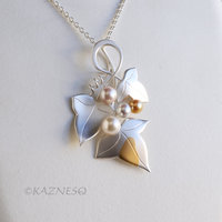 Handcrafted Grape Leaf Pendant - Matte Silver with Keum Boo and Colorful Akoya Pearls