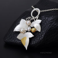 Handcrafted Grape Leaf Pendant - Matte Silver with Keum Boo and Colorful Akoya Pearls
