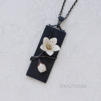 Japanese Winter Scene, Zen Feel of a White Camellia and a Bud, Oxidized Silver Rectangle Pendant
