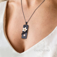Japanese Winter Scene, Zen Feel of a White Camellia and a Bud, Oxidized Silver Rectangle Pendant