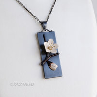 Japanese Winter Scene, Zen Feel of a White Camellia and a Bud, Oxidized Silver Rectangle Pendant