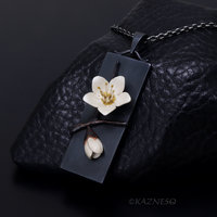 Japanese Winter Scene, Zen Feel of a White Camellia and a Bud, Oxidized Silver Rectangle Pendant