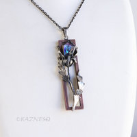 Oxidized Silver Thistle Pendant with a copper frame, Amethyst Mother of Pearl, Botanical Jewelry